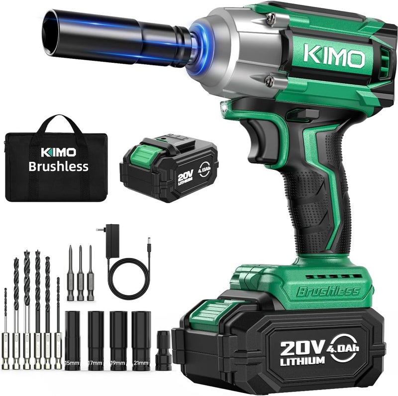 Kimo مفتاح صدمات لاسلكي، عزم دوران أقصى 406 قدم-رطل (550 نيوتن.م) و 3000 دورة في الدقيقة، فرامل توقف متميزة، مسدس تأثير 1/2 مع بطارية ليثيوم أيون 4000 مللي أمبير، 4 رؤوس تأثير، شاحن سريع لمثقاب التأثير لإطارات السيارات - Image 1